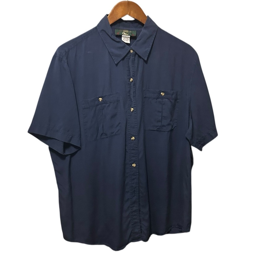 Vintage Orvis Mens Silk‎ Shirt XL Blue Button Up Preppy Resort Travel Classic